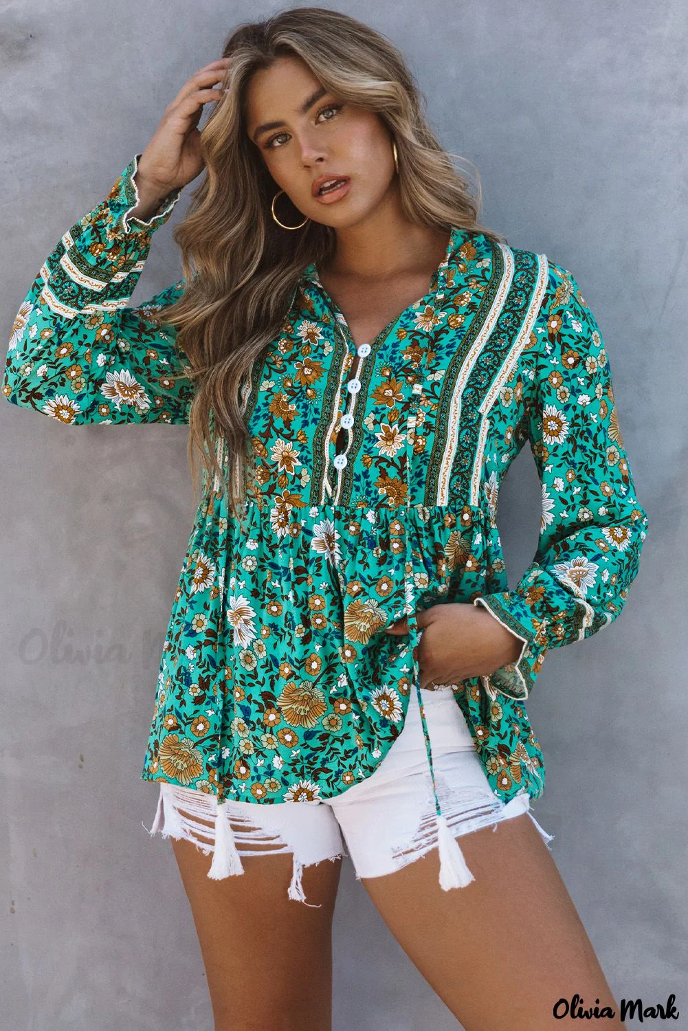 Deanwangkt - Bohemian green blouse with floral print and peplum with long sleeves - Deanwangkt