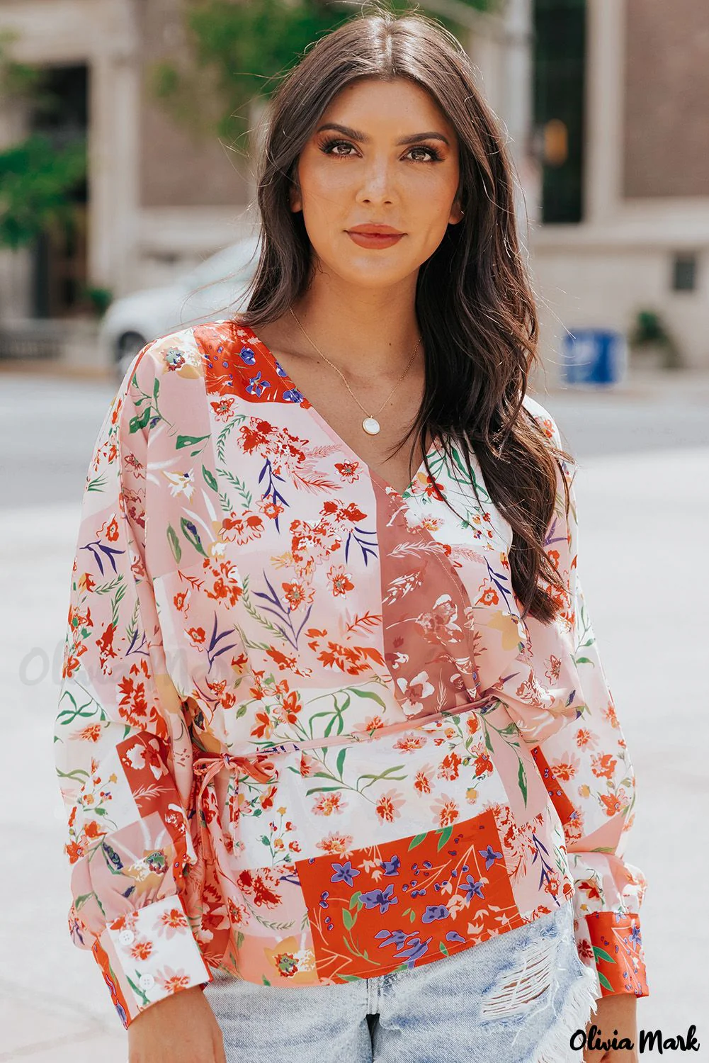 Deanwangkt - Multicolor Patchwork Floral Print V-Neck Wrap Blouse - Deanwangkt