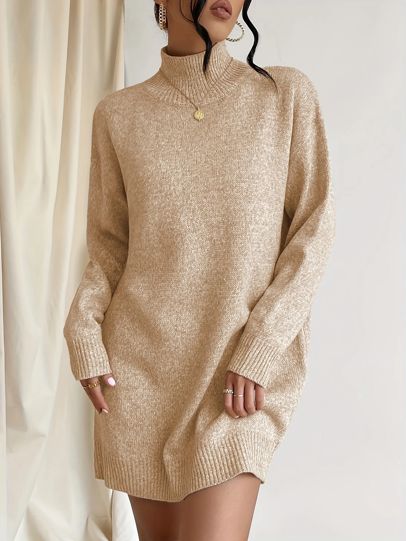 deanwangkt-1  High Neck Solid Dress, Casual Long Sleeve Knitted Mini Dress, Women's Clothing - Deanwangkt