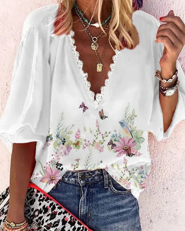 Deanwangkt - Floral Butterfly Print Contrast Lace V-Neck Top - Deanwangkt