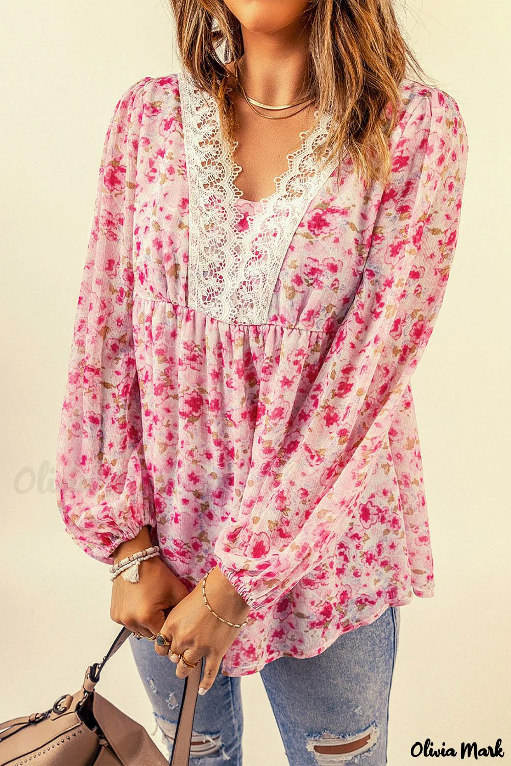 Deanwangkt - Pink Floral Print Lace Patchwork V-Neck Blouse - Deanwangkt