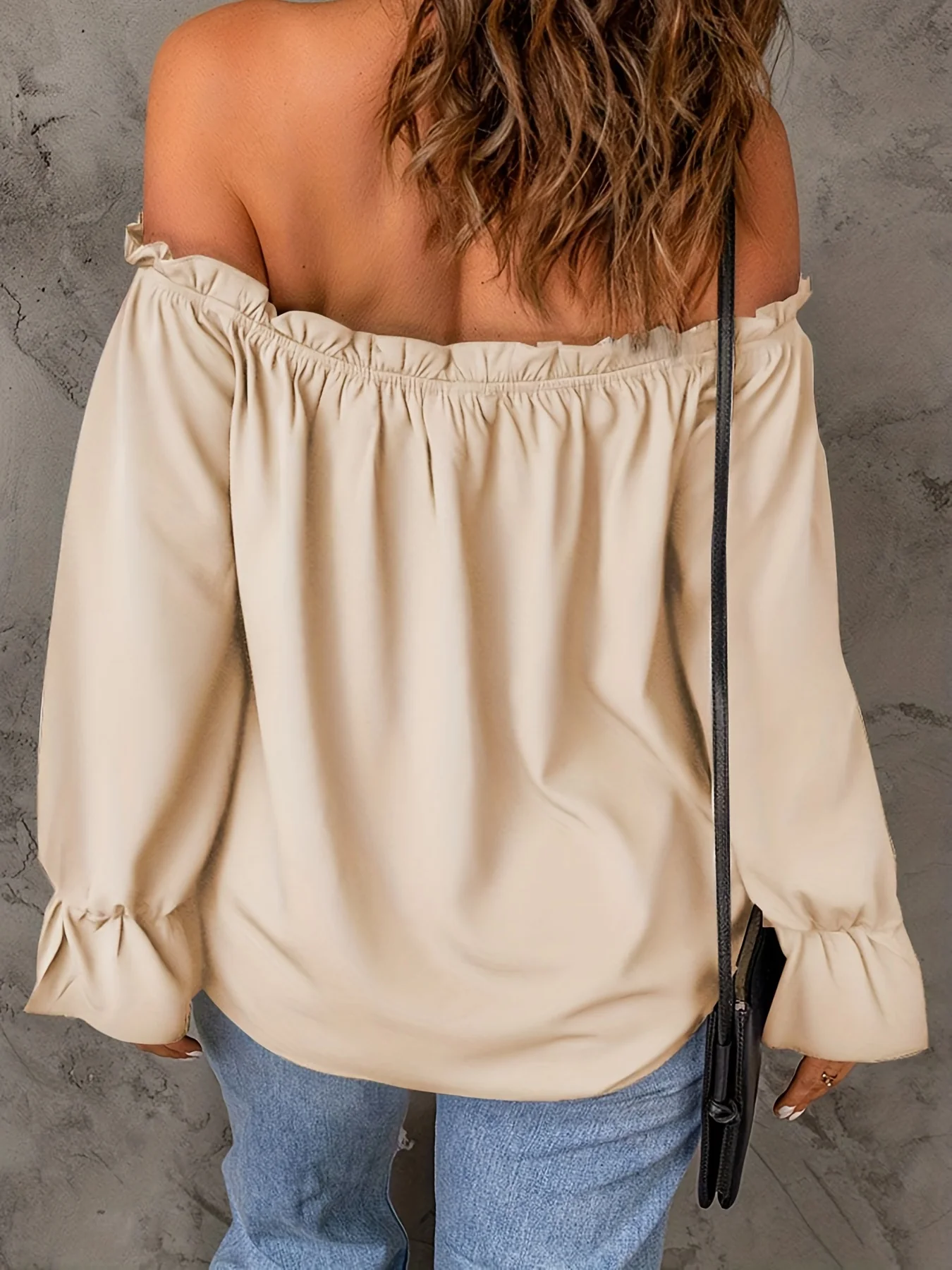 Off Shoulder Ruffle Trim Blouse, Casual Solid Long Sleeve Blouse For Spring & Fall, Women's Clothing - Deanwangkt