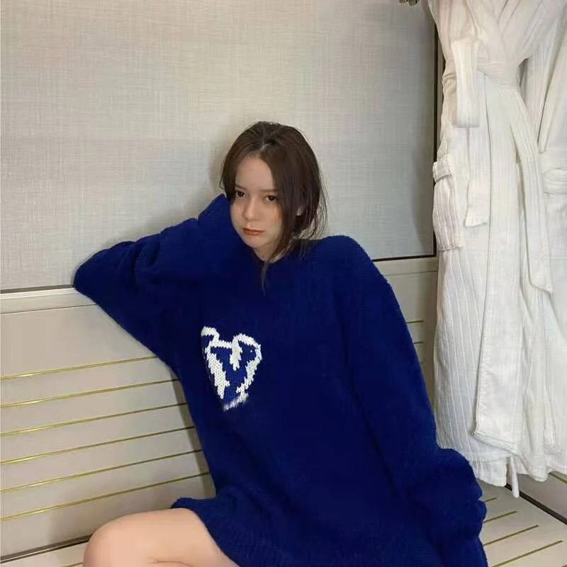 Christmas Gift Deanwangkt New Autumn Winter Letter Pattern Blue Pullover Long Sleeve Knit Sweater свитер Round Neck Women Sweater Loose Sweater Top - Deanwangkt