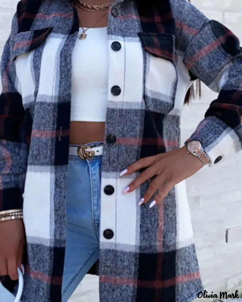 Deanwangkt - Plaid Print Pocket Button Pattern Long Sleeve Jacket - Deanwangkt