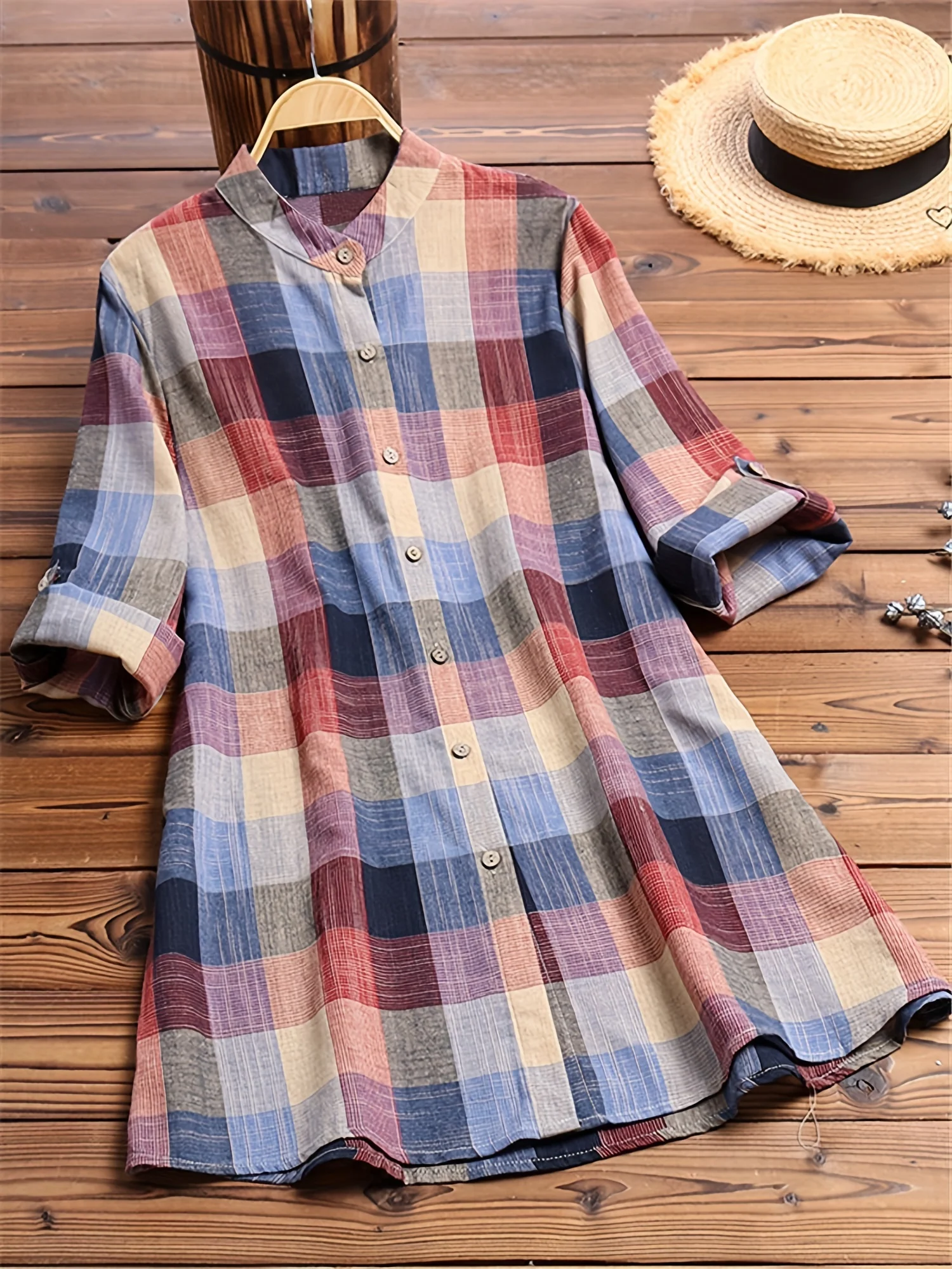 Plaid Print Button Front Shirt, Casual Long Sleeve Shirt, Women's Clothing - Deanwangkt