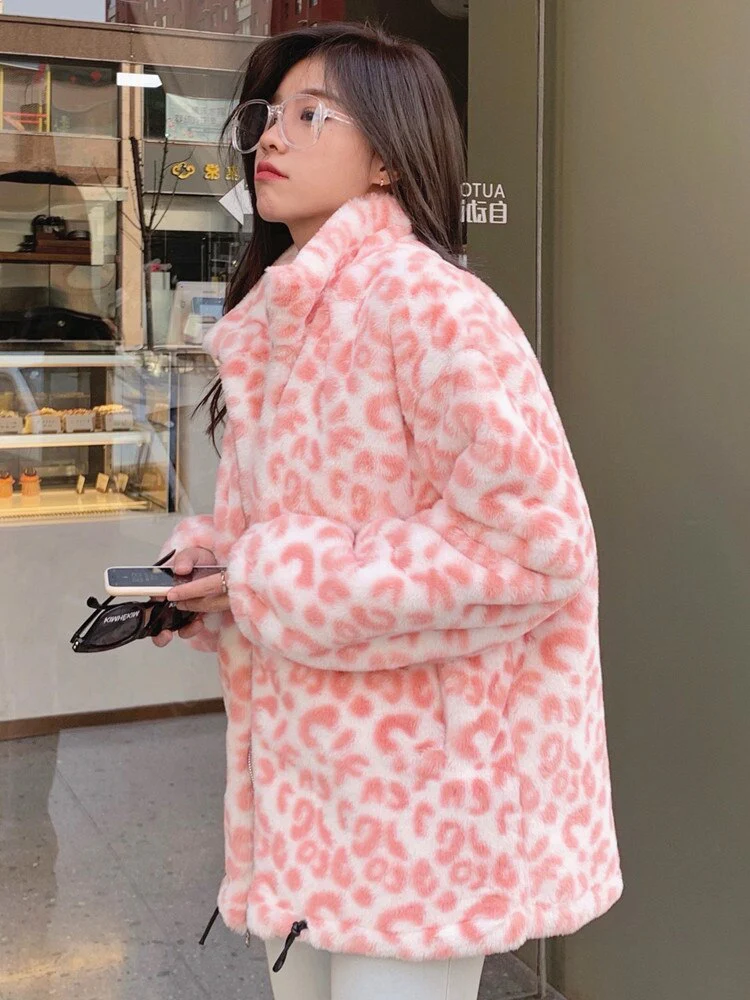 Christmas Gift Deanwangkt new winter Korean zipper top lamb leopard plush short coat imitation Rex Rabbit Fur grass fur coat female - Deanwangkt