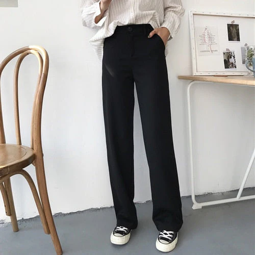 Christmas Gift DeanwangktPants Women Solid Loose High Waist Casual Long Trousers Trendy Pockets Womens Korean Pants Soft Simple Students - Deanwangkt