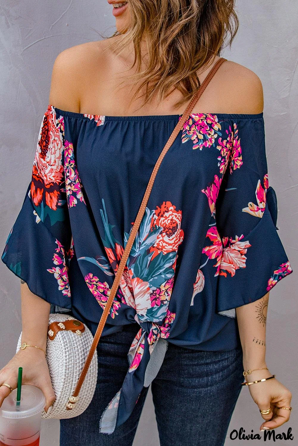 Deanwangkt - Blue Chiffon Off Shoulder Tie Front Blouse - Deanwangkt