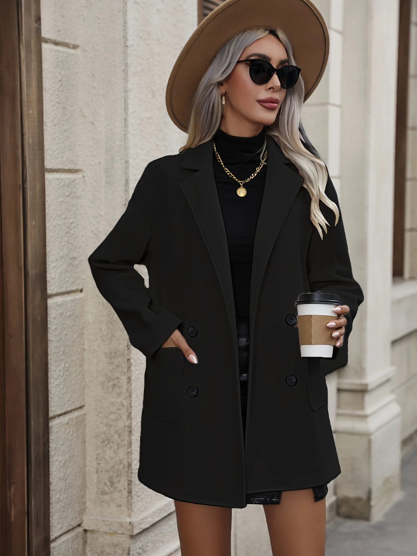 deanwangkt-1  Double Breasted Solid Overcoat, Elegant Lapel Long Sleeve Outerwear, Women's Clothing - Deanwangkt