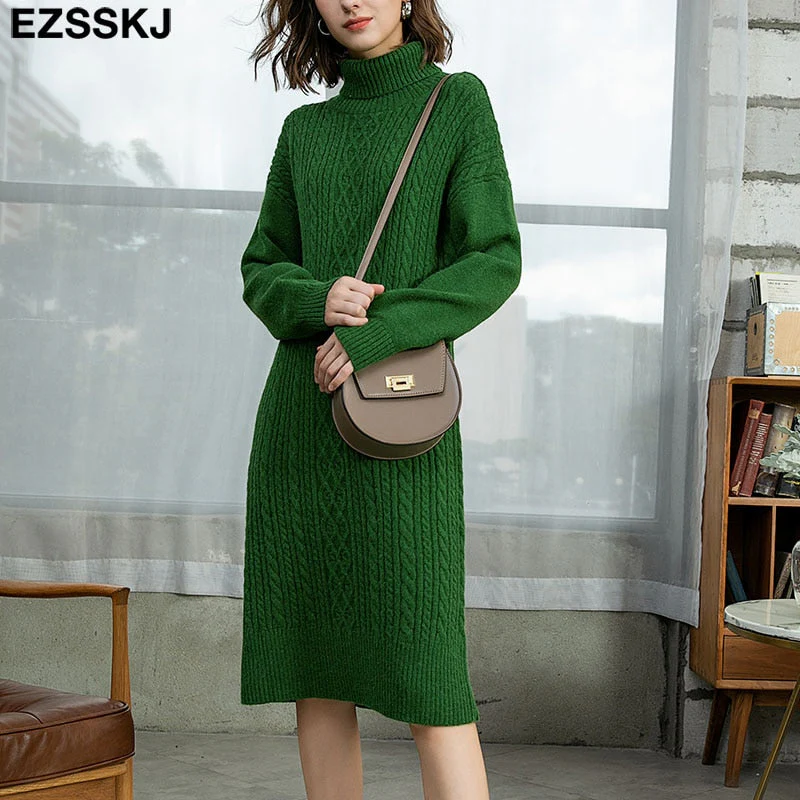 Christmas Gift Deanwangkt autumn winter thick straight maxi sweater dress women high neck long sweater dress elegant female loose Warm maix  dress - Deanwangkt
