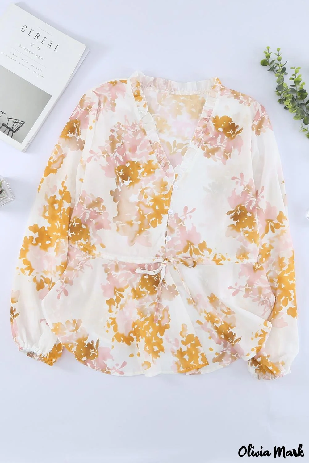 Deanwangkt - Floral V-Neck Ruffle Tie Waist Puff Sleeve Blouse - Deanwangkt