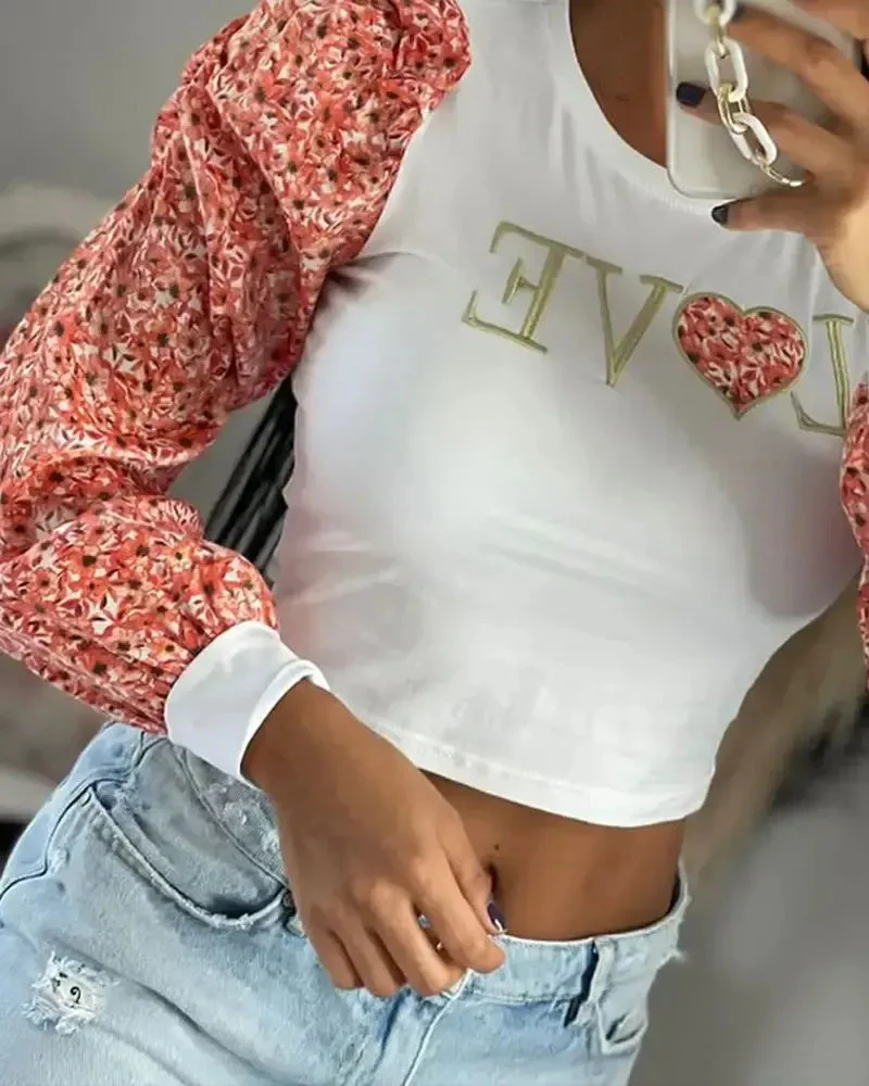 Deanwangkt - Floral Print Letter Embroidery Puff Sleeve Crop Top - Deanwangkt