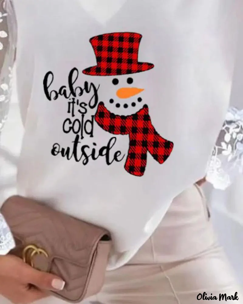 Deanwangkt - Christmas Snowman Print Contrast Lace Long Sleeve Top - Deanwangkt