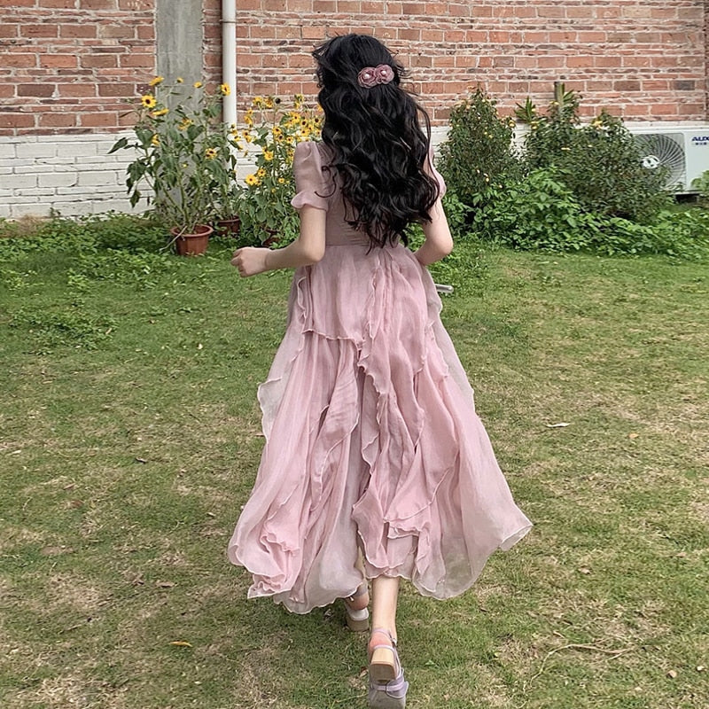 Christmas Gift Deanwangkt Summer Pink Elegant Casual Women's Dresses Short Sleeve Sweet Midi Dress Females Party One Piece Dress Korean Square Collar - Deanwangkt