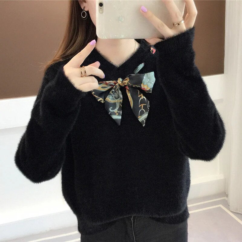 Christmas Gift Deanwangkt New Autumn Winter Women Sweaters Knitted Jumper Bow Tie Pullovers Casual Sweaters Long Sleeve Slim Sweater Femme Pull P800 - Deanwangkt