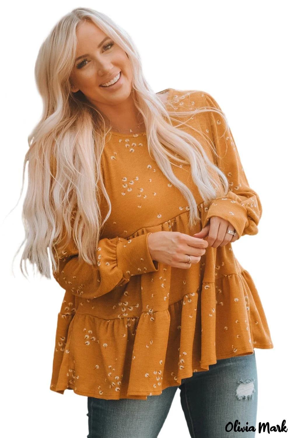 Deanwangkt - Floral Print Ruffle Long Sleeve Tunic Top - Deanwangkt