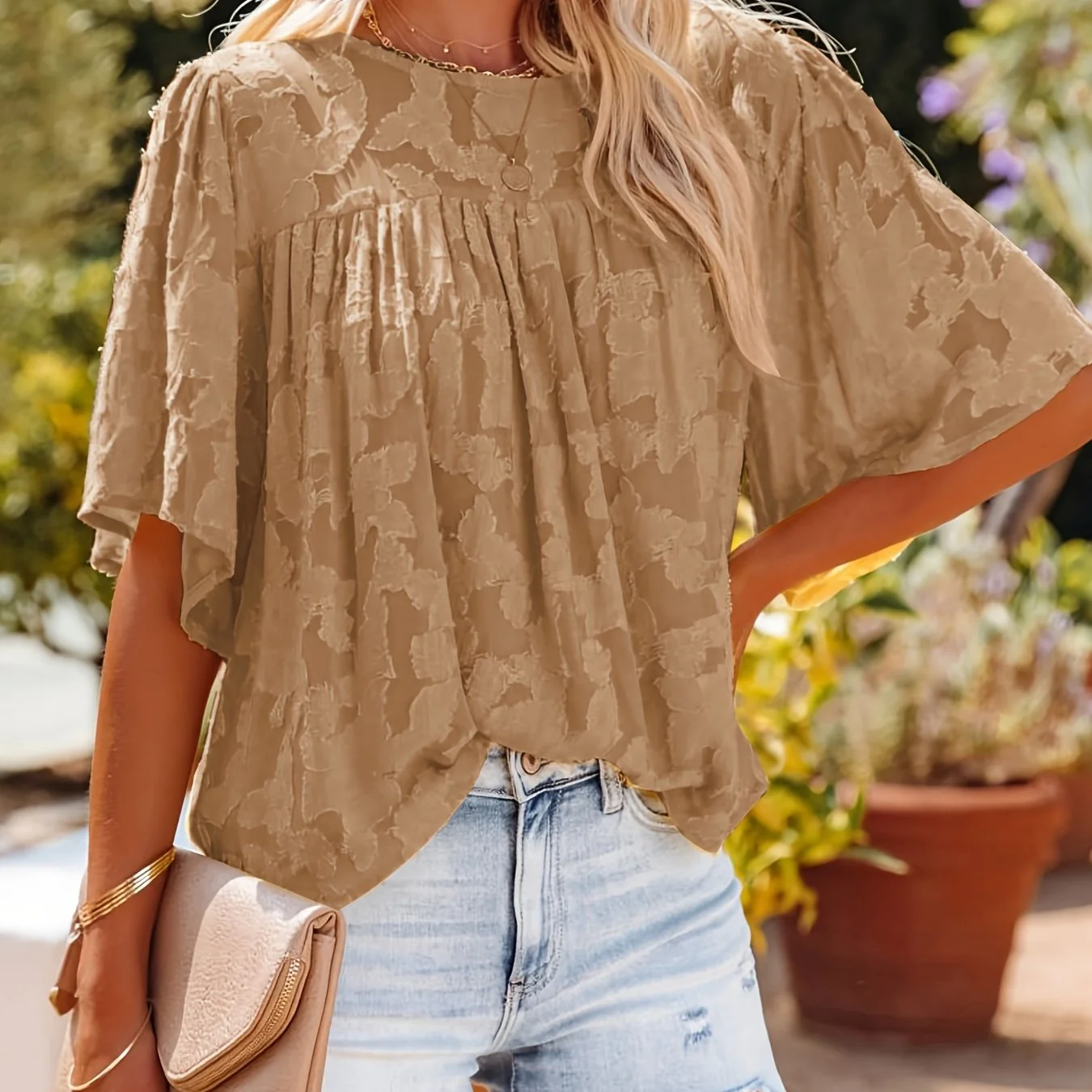 Casual Lace Flare Sleeve Blouse, Short Sleeve Crew Neck Solid Blouse, Casual Every Day Tops, Women's Clothing - Deanwangkt