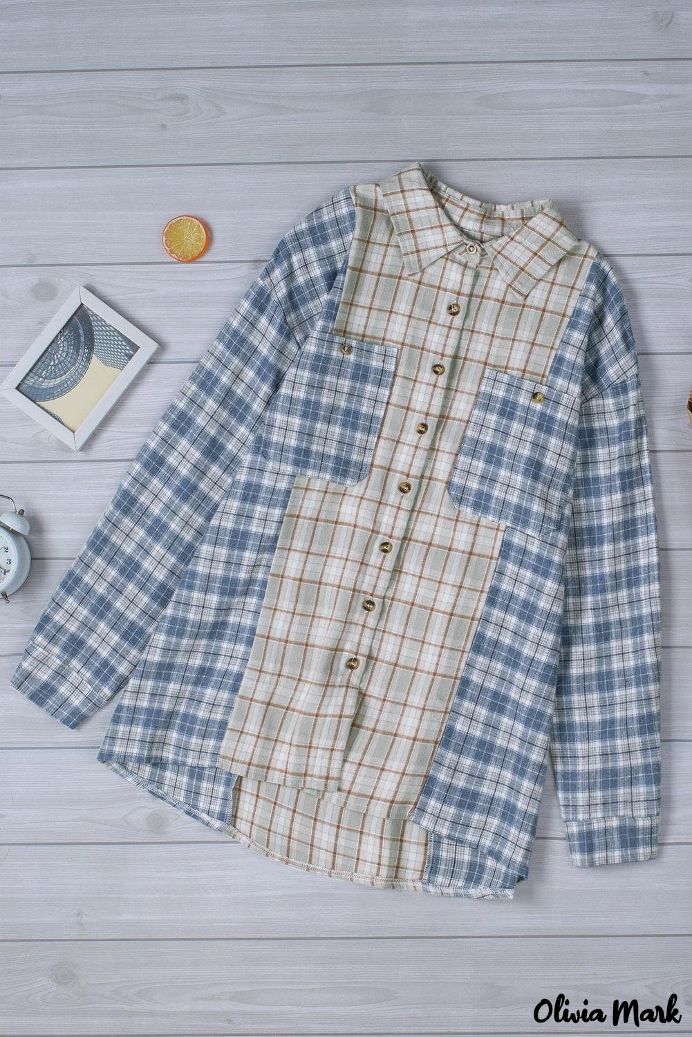 Deanwangkt - Pink Plaid Button Down Long Sleeve Shirt With Color Block Pocket - Deanwangkt