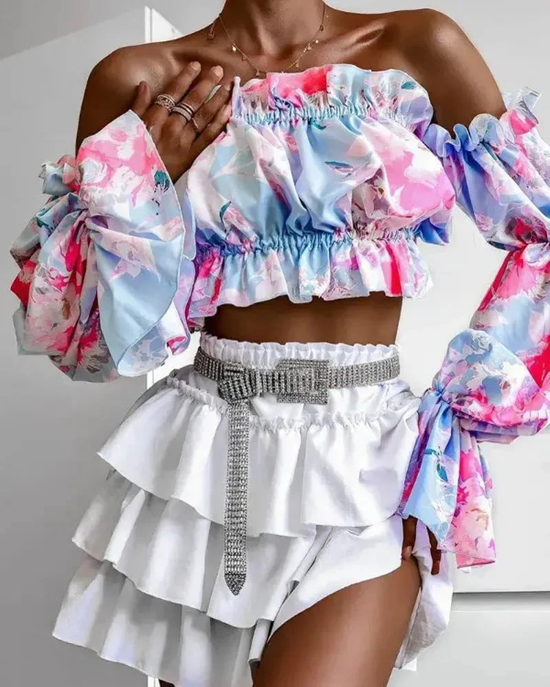 Deanwangkt - Off The Shoulder Floral Print Crop Top With Flare Sleeve And Ruffle Hem - Deanwangkt