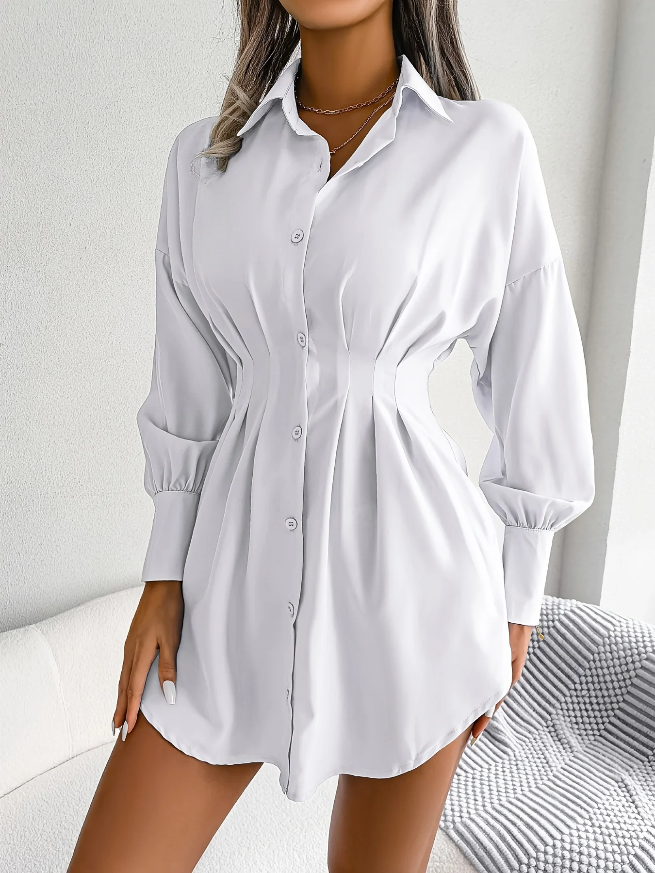 V-neck Loose Lapel Long Blouses, Casual Button Down Lantern Long Sleeve Fashion Long Shirts Tops, Women's Clothing - Deanwangkt