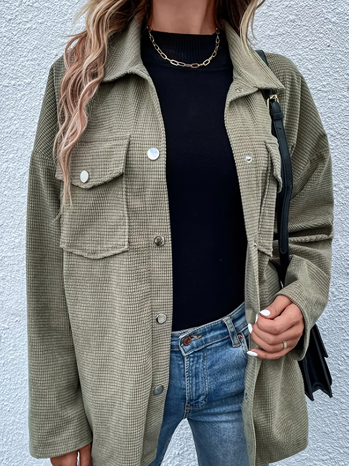 Waffle Solid Shirt, Casual Button Front Long Sleeve Shirt, Women's Clothing - Deanwangkt