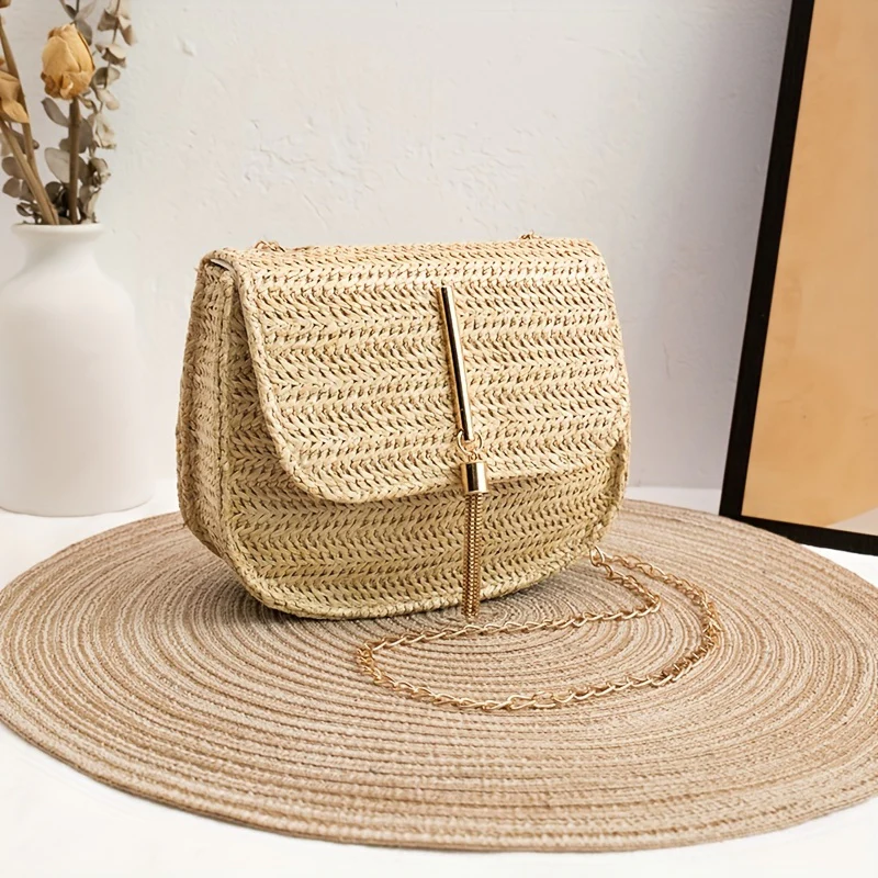 Mini Woven Straw Saddle Bag, Trendy Chain Crossbody Bag, Women's Tassel Beach Bag - Deanwangkt