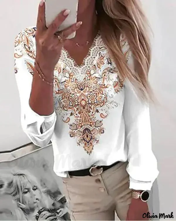 Deanwangkt - Tribal Print Contrast Lace Long Sleeve Top - Deanwangkt