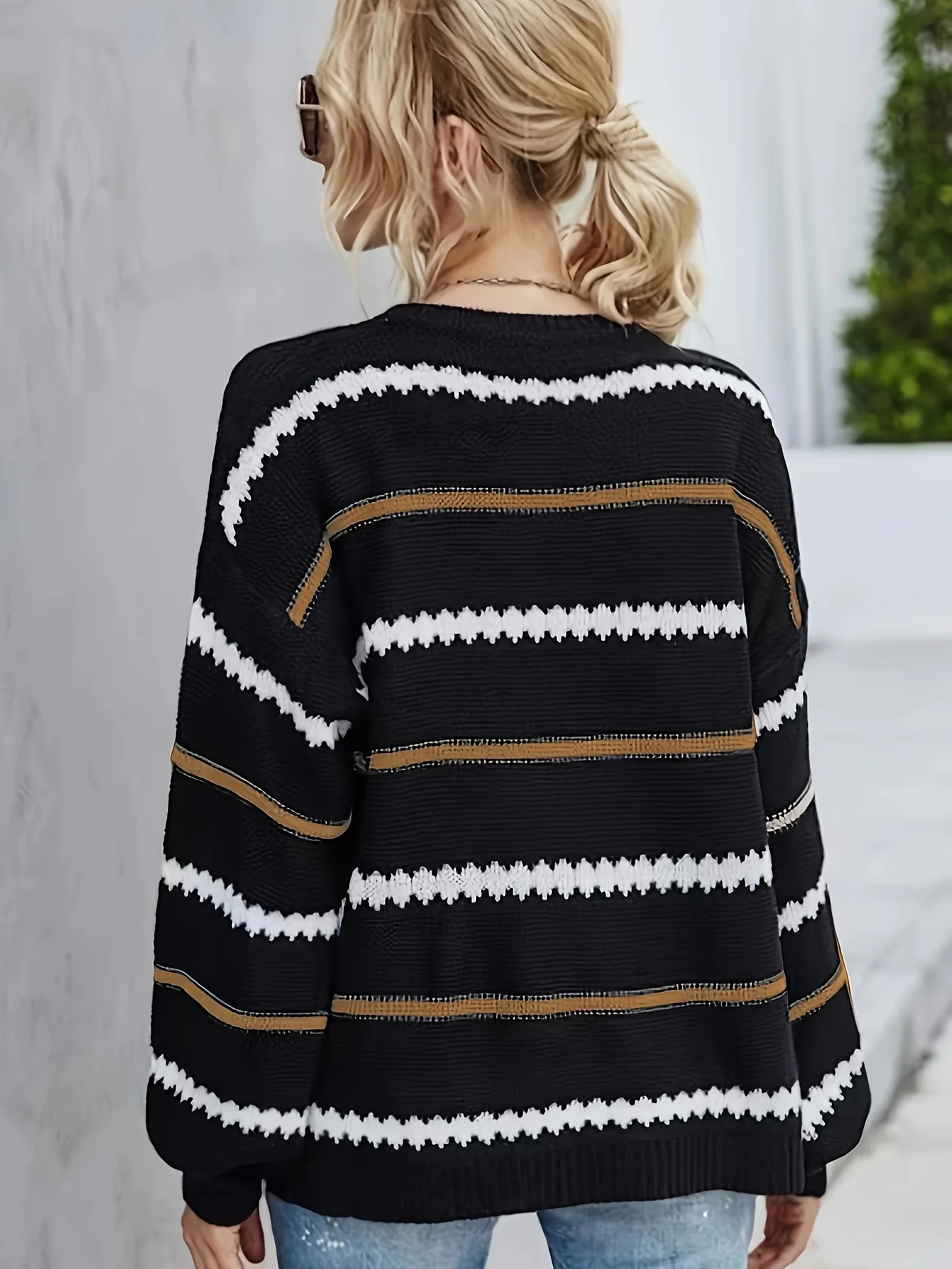 deanwangkt-1  Striped Pattern Crew Neck Knitted Top, Casual Long Sleeve Pullover Sweater For Fall & Winter, Women's Clothing - Deanwangkt