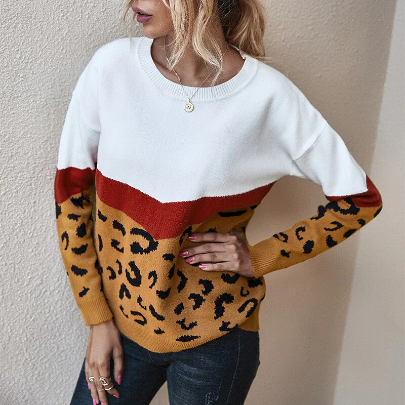 Christmas Gift Deanwangkt Fashion Leopard Patchwork Autumn Winter Ladies Knitted Sweater Women O-neck Full Sleeve Jumper Pullovers Top - Deanwangkt