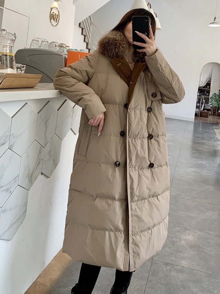 Black Friday Sales New Winter Women Natural Fox Fur Collar 90% White Duck Down Parka Casual Female Double Breasted Long Down Coat Outwear - Deanwangkt