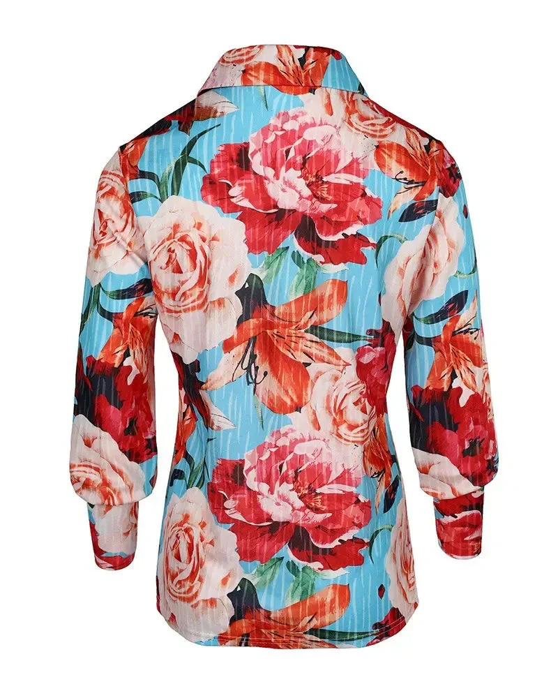 Deanwangkt - Floral Print Lantern Sleeve Button Down Shirt - Deanwangkt
