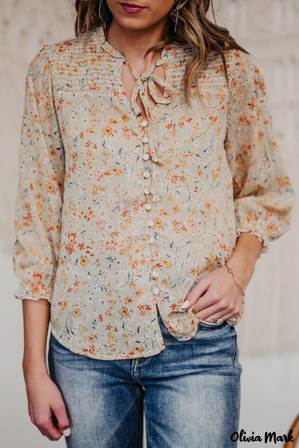 Deanwangkt - Floral Print Lace-Up V-Neck Button-Down Shirt - Deanwangkt