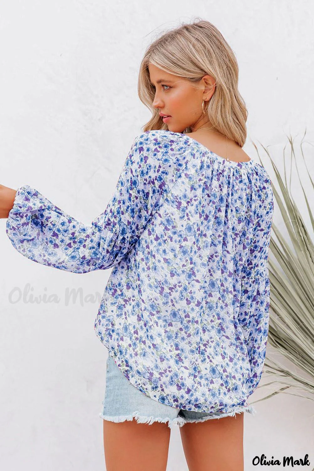 Deanwangkt - Blue Floral Split V-Neck Blouse - Deanwangkt