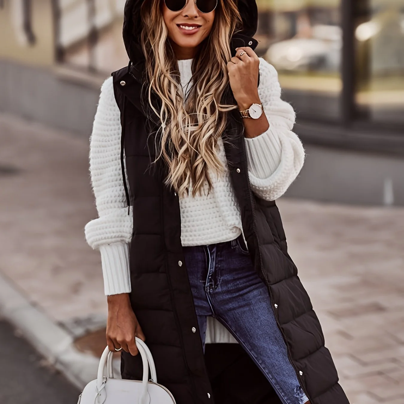 deanwangkt-1 Button Front Hooded Coat, Casual Sleeveless Long Length Outerwear, Women's Clothing - Deanwangkt