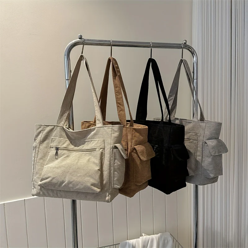 deanwangkt  Large Capacity Corduroy Tote Bag, Minimalist All-Match Handbag, Daily Use Bag For Students, Office Shoulder Bag - Deanwangkt