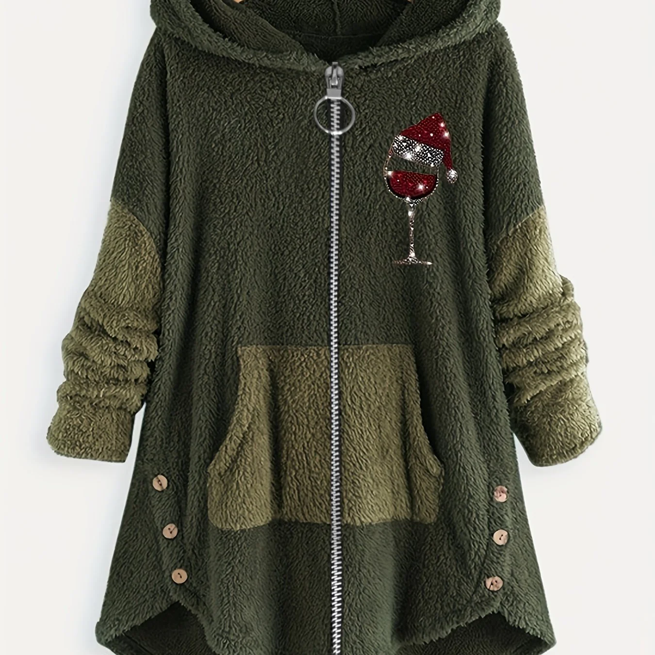 deanwangkt-1  Plus Size Christmas Casual Coat, Women's Plus Sequin Christmas Hat Wine Glasses Zipper Long Sleeve Plush Hooded Teddy Coat - Deanwangkt