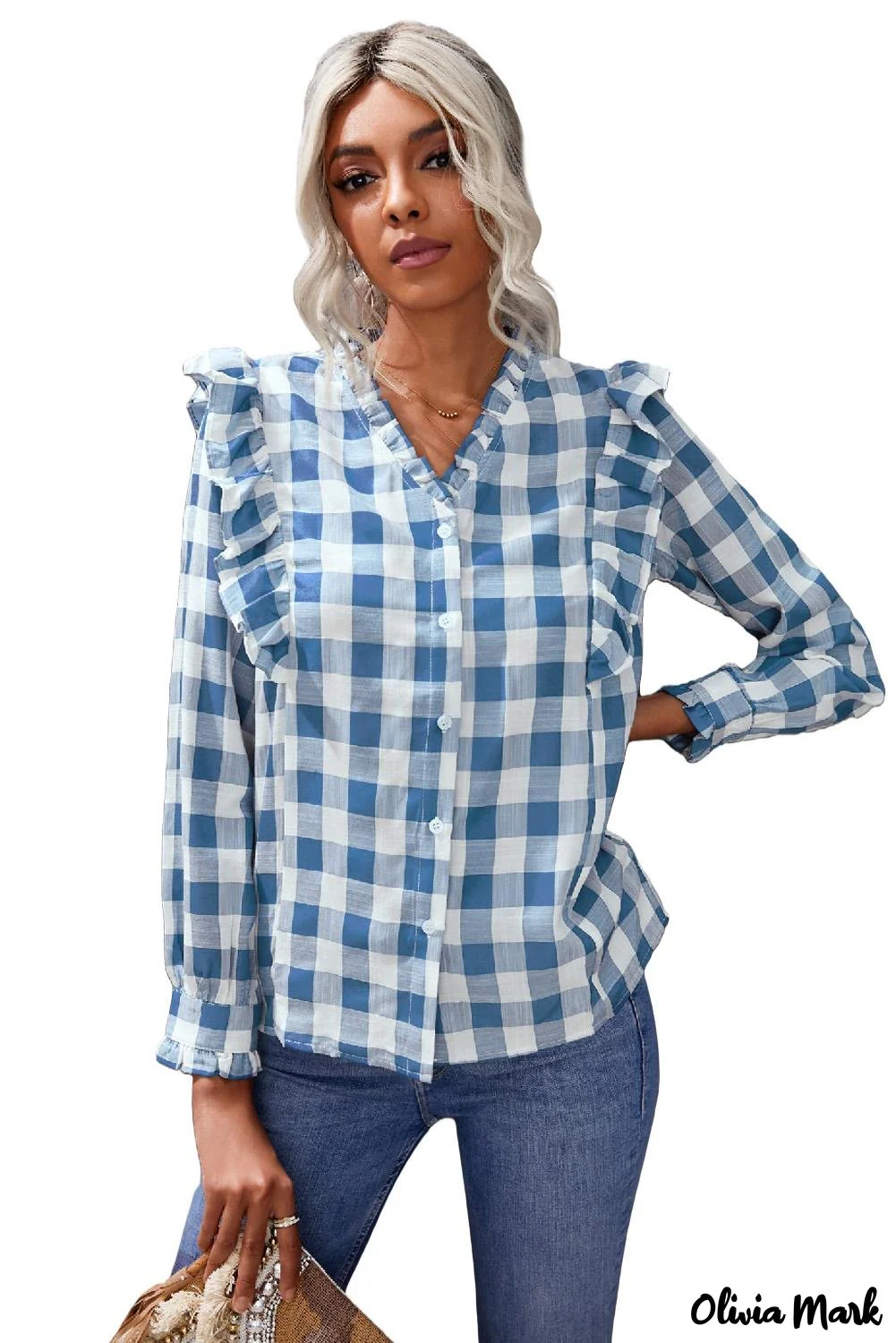 Deanwangkt - Sky blue checked ruffled button-down shirt - Deanwangkt