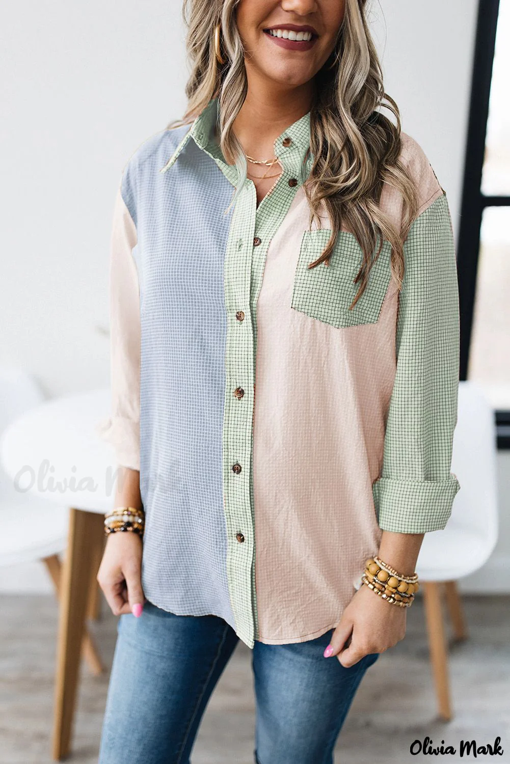 Deanwangkt - Green Plaid Color Block Long Sleeve Shirt - Deanwangkt