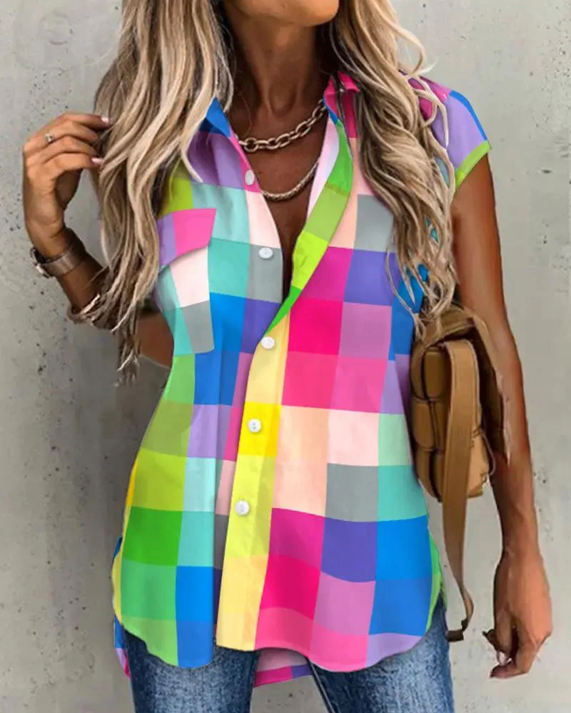 Deanwangkt - Color Block Plaid Button-Up Shirt - Deanwangkt