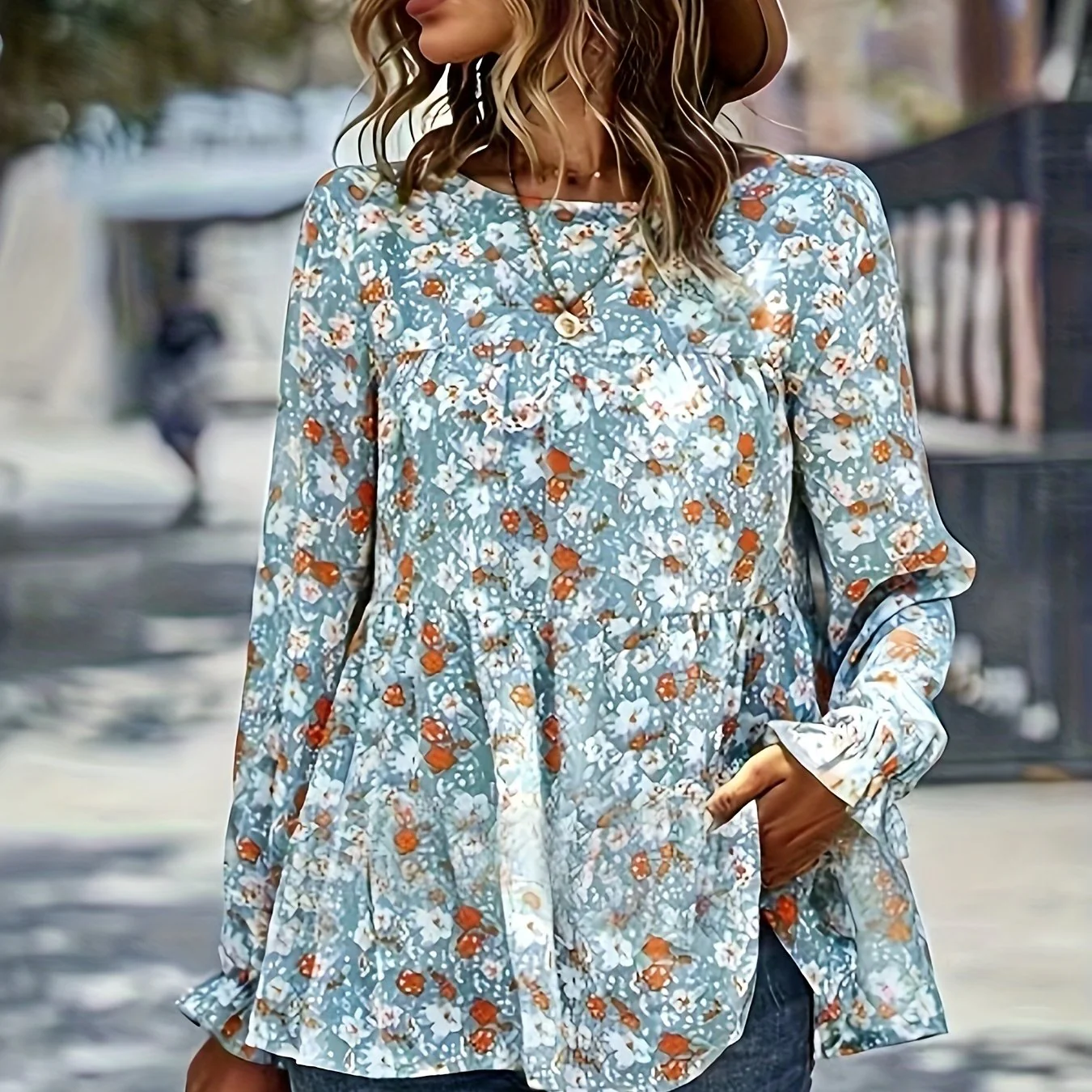 Floral Print Crew Neck Tiered Blouse, Casual Long Sleeve Blouse For Spring & Fall, Women's Clothing - Deanwangkt