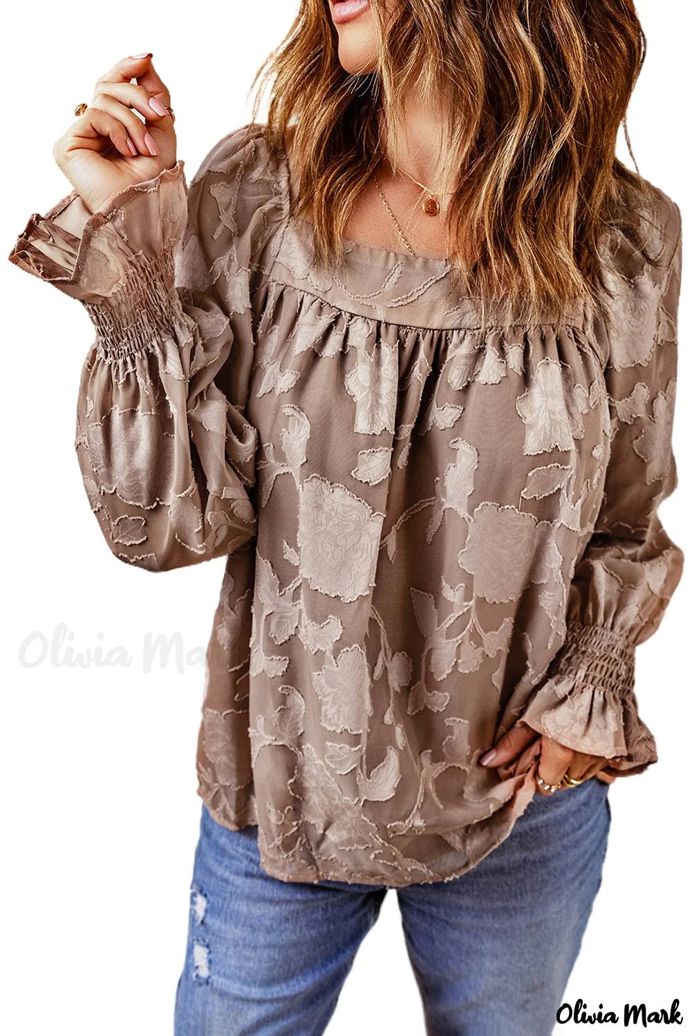 Deanwangkt - Khaki Floral Textured Square Neck Blouse - Deanwangkt