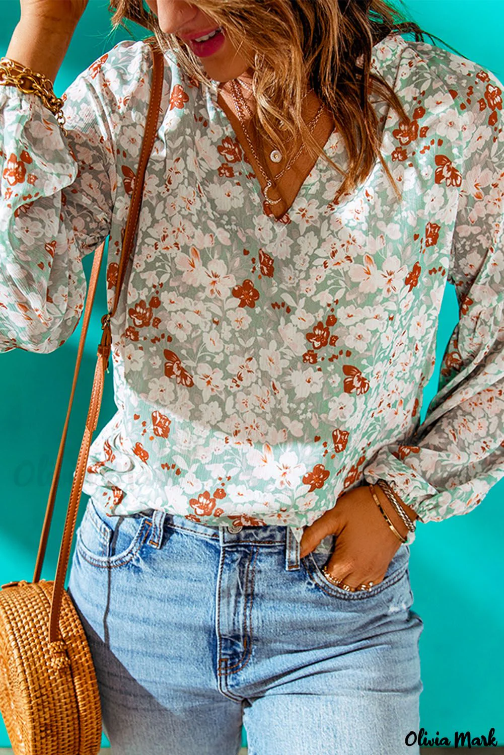 Deanwangkt - Blue Floral Split V-Neck Blouse - Deanwangkt