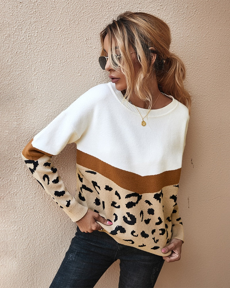 Christmas Gift Deanwangkt Fashion Leopard Patchwork Autumn Winter Ladies Knitted Sweater Women O-neck Full Sleeve Jumper Pullovers Top - Deanwangkt