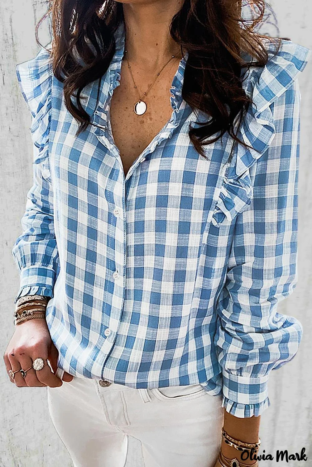 Deanwangkt - Sky blue checked ruffled button-down shirt - Deanwangkt