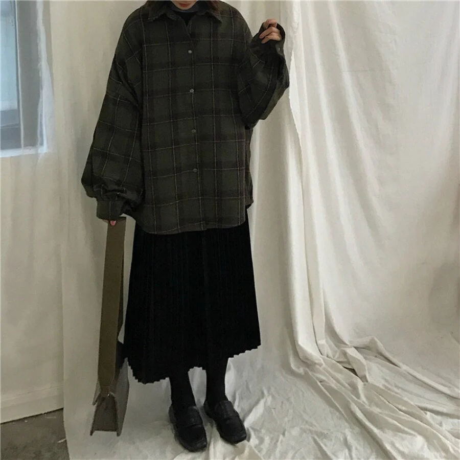 Christmas Gift Deanwangkt Harajuku Autumn Plaid Thin Section Wool Cardigan Korean Puff Sleeve Slim Warm Shirt Jacket Retro Casual Women Button Top - Deanwangkt
