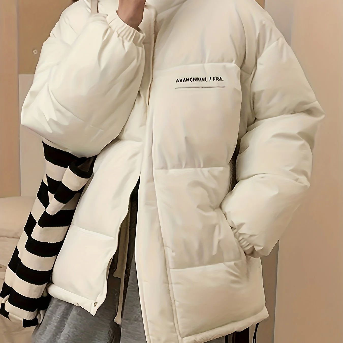 Zip Up Letter Print Puffy Coat, Long Sleeve Slant Pockets Outwear For Winter, Women's Clothing - Deanwangkt