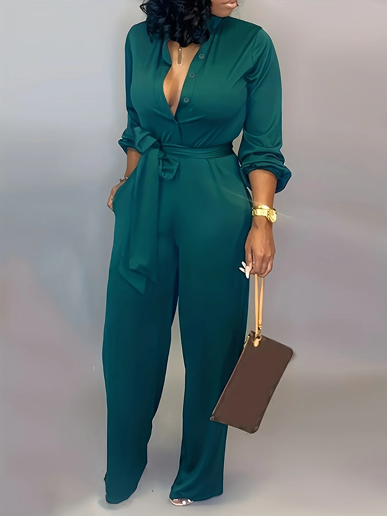 Solid Button Belted Jumpsuit, Casual Long Sleeve Jumpsuit For Spring & Fall, Women's Clothing - Deanwangkt