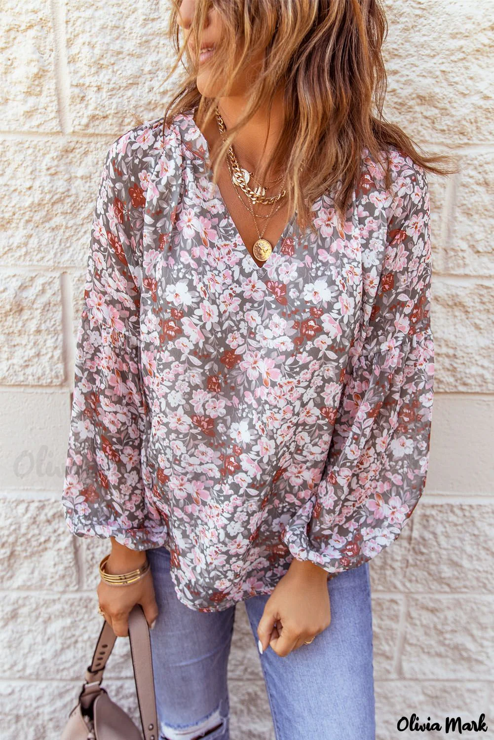 Deanwangkt - Multicolor Floral Print V-Neck Long Puff Sleeve Blouse - Deanwangkt