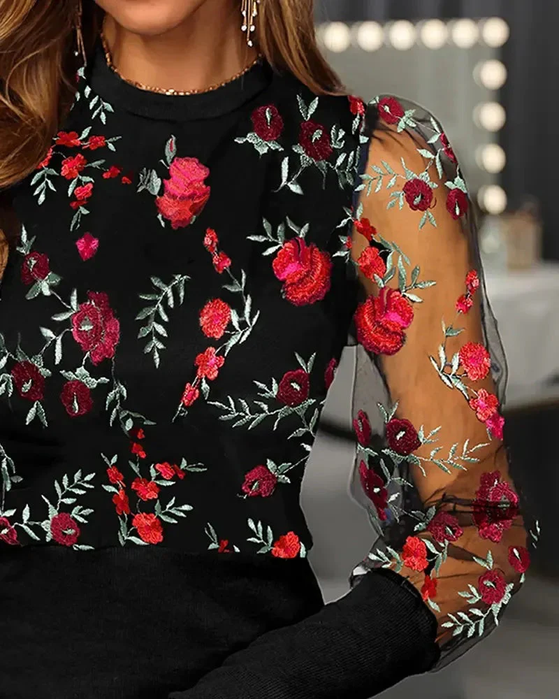 Deanwangkt - Floral Embroidered Sheer Tulle Puff Sleeve Top - Deanwangkt
