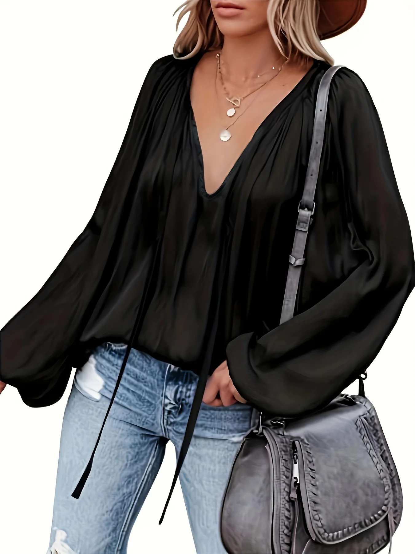 Solid Tie Neck Pleated Blouse, Casual Long Sleeve Blouse For Spring & Fall, Women's Clothing - Deanwangkt